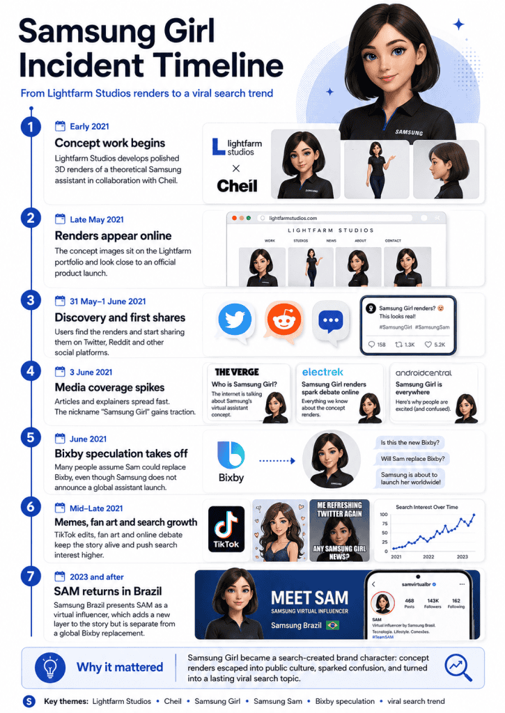 Samsung Girl incident timeline from Lightfarm Studios renders to viral search trend